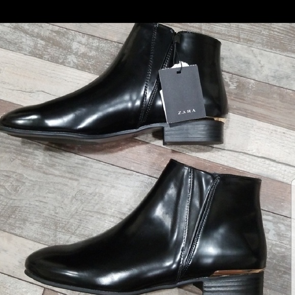 Zara black patent flat ankle booties gold accents - Picture 3 of 5